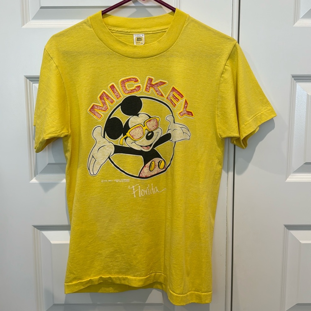 Vintage 80's Mickey Mouse Shirt Velva Sheen Florida Yellow Size Medium